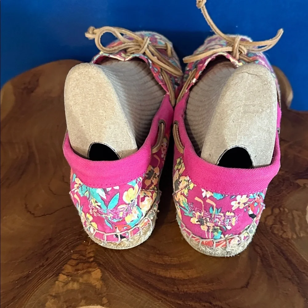 Women’s Sperry Top-Sider Canvas Espadrille Pink Floral & Flamingo Print Size 9.5